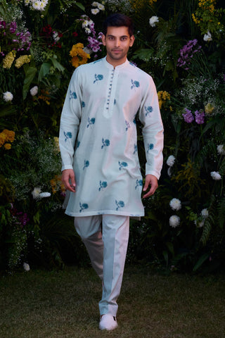 kurta for men – Contemporary Wear – Illusion Blue Block Print – by Shyam Narayan Prasad