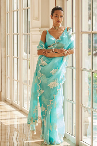 Blue gul flower saree set