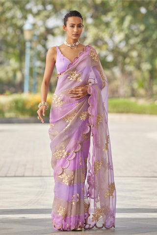 Purple gul multicolor flower saree set