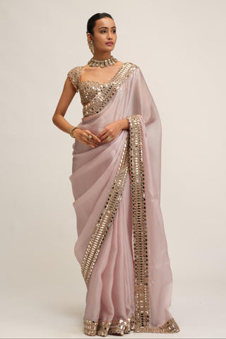 Organza Saree - Indian Wedding - Pink Maharani Satin by Vvani by Vani Vats