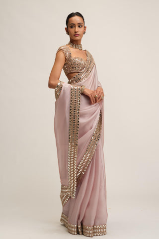 Organza Saree - Indian Wedding - Pink Maharani Satin by Vvani by Vani Vats