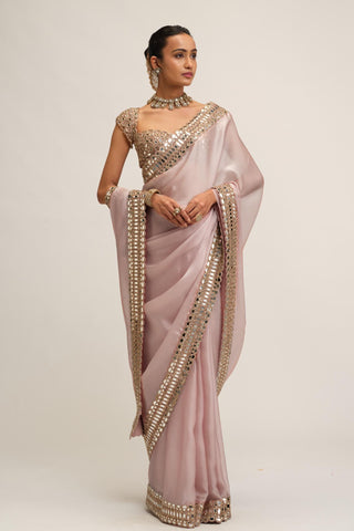 Organza Saree - Indian Wedding - Pink Maharani Satin by Vvani by Vani Vats