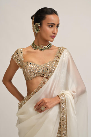 Satin Saree Set - Indian Wedding - White Modern Maharani by Vvani by Vani Vats