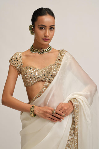 Satin Saree Set - Indian Wedding - White Modern Maharani by Vvani by Vani Vats