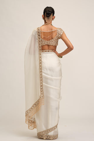 Satin Saree Set - Indian Wedding - White Modern Maharani by Vvani by Vani Vats