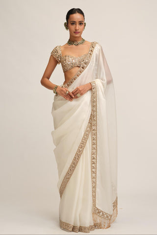 Satin Saree Set - Indian Wedding - White Modern Maharani by Vvani by Vani Vats