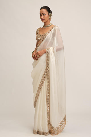 Satin Saree Set - Indian Wedding - White Modern Maharani by Vvani by Vani Vats