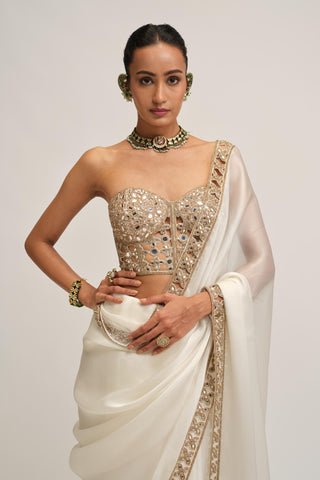 Organza Saree Set - Indian Wedding - White Modern Maharani Corset by Vvani by Vani Vats
