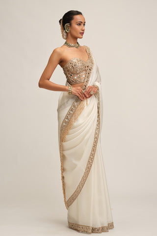 Organza Saree Set - Indian Wedding - White Modern Maharani Corset by Vvani by Vani Vats
