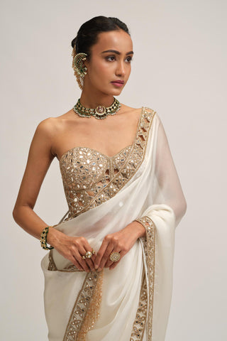 Organza Saree Set - Indian Wedding - White Modern Maharani Corset by Vvani by Vani Vats