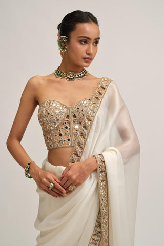 Organza Saree Set - Indian Wedding - White Modern Maharani Corset by Vvani by Vani Vats