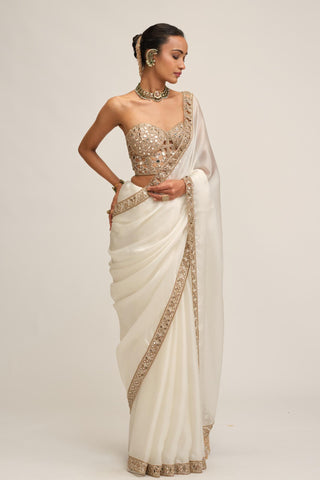 Organza Saree Set - Indian Wedding - White Modern Maharani Corset by Vvani by Vani Vats