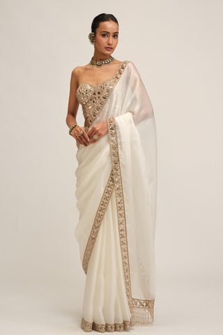 Organza Saree Set - Indian Wedding - White Modern Maharani Corset by Vvani by Vani Vats