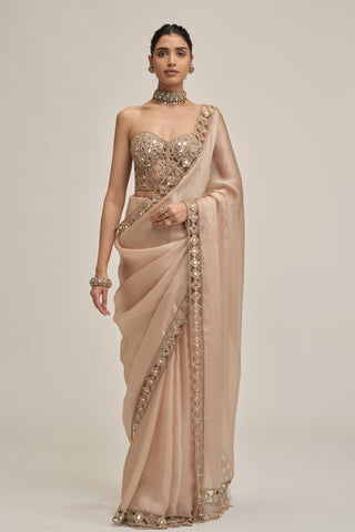 corset saree set - Indian Wedding - Beige Modern Maharani Satin Organza by Vvani by Vani Vats