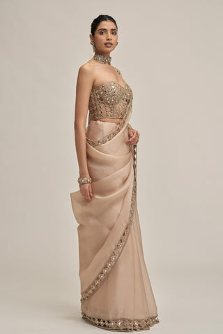 corset saree set - Indian Wedding - Beige Modern Maharani Satin Organza by Vvani by Vani Vats