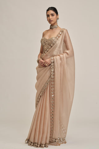 corset saree set - Indian Wedding - Beige Modern Maharani Satin Organza by Vvani by Vani Vats