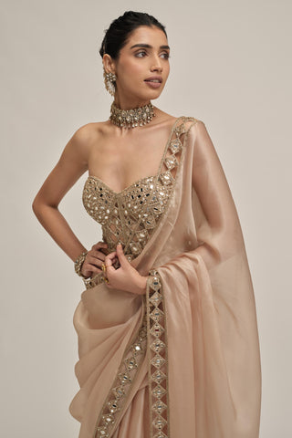 corset saree set - Indian Wedding - Beige Modern Maharani Satin Organza by Vvani by Vani Vats