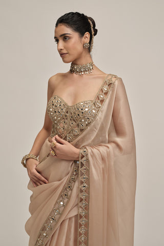 corset saree set - Indian Wedding - Beige Modern Maharani Satin Organza by Vvani by Vani Vats
