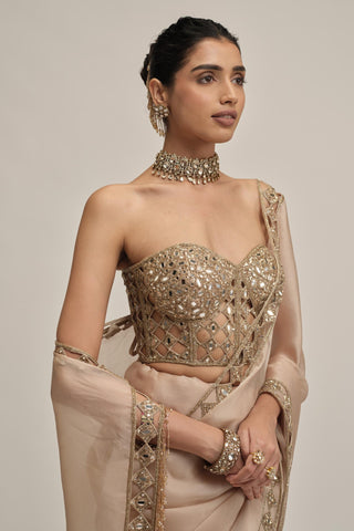corset saree set - Indian Wedding - Beige Modern Maharani Satin Organza by Vvani by Vani Vats