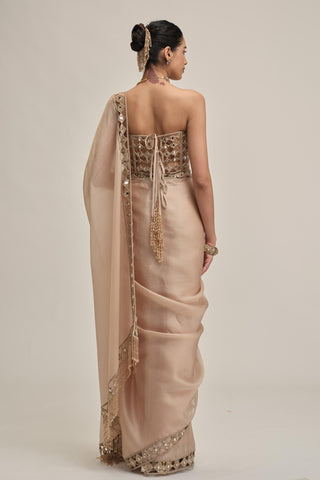 corset saree set - Indian Wedding - Beige Modern Maharani Satin Organza by Vvani by Vani Vats