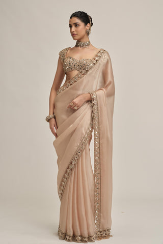 organza saree set - Indian Wedding - Beige Modern Maharani Satin by Vvani by Vani Vats