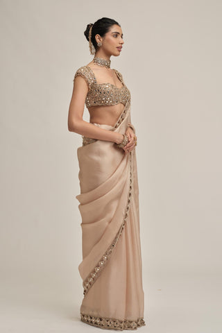 organza saree set - Indian Wedding - Beige Modern Maharani Satin by Vvani by Vani Vats
