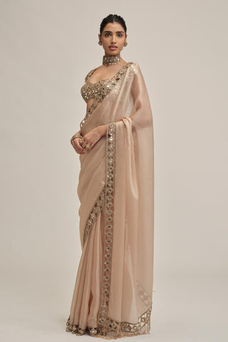 organza saree set - Indian Wedding - Beige Modern Maharani Satin by Vvani by Vani Vats