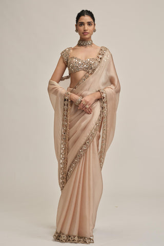 organza saree set - Indian Wedding - Beige Modern Maharani Satin by Vvani by Vani Vats