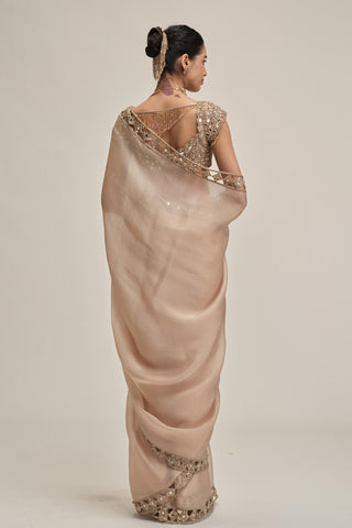 organza saree set - Indian Wedding - Beige Modern Maharani Satin by Vvani by Vani Vats