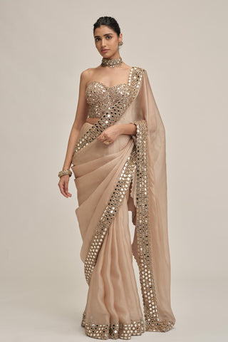 Beige modern maharani satin mirror saree set