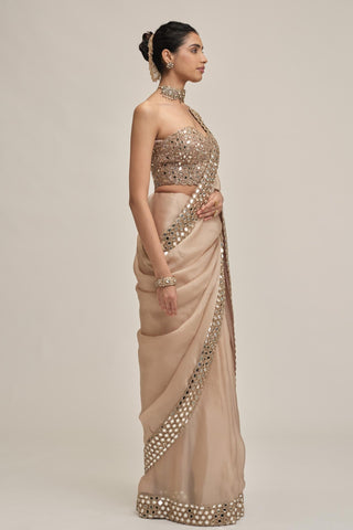 organza saree - Indian Wedding - Beige Modern Maharani Satin Mirror by Vvani by Vani Vats