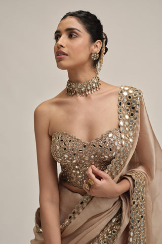 organza saree - Indian Wedding - Beige Modern Maharani Satin Mirror by Vvani by Vani Vats