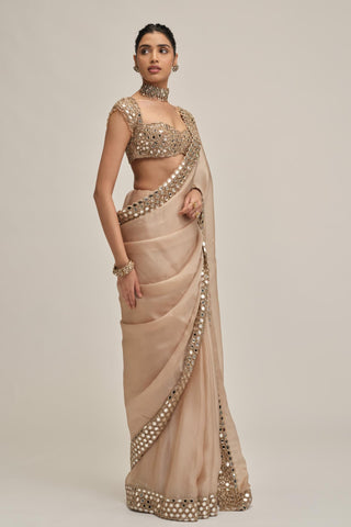 organza saree - Indian Wedding - Beige Modern Maharani Satin Mirror Blouse by Vvani by Vani Vats