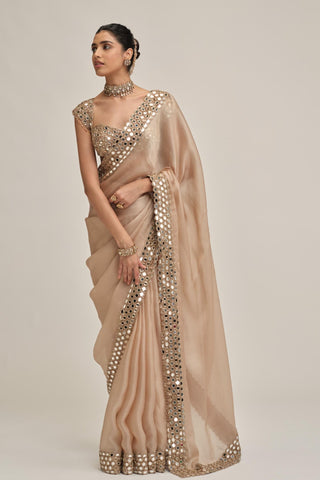 organza saree - Indian Wedding - Beige Modern Maharani Satin Mirror Blouse by Vvani by Vani Vats