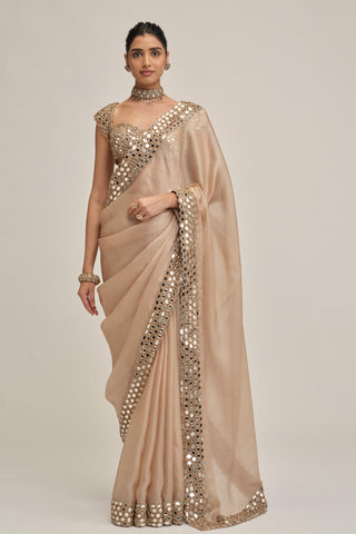 organza saree - Indian Wedding - Beige Modern Maharani Satin Mirror Blouse by Vvani by Vani Vats