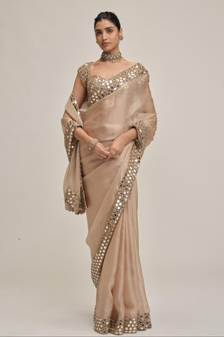 organza saree - Indian Wedding - Beige Modern Maharani Satin Mirror Blouse by Vvani by Vani Vats