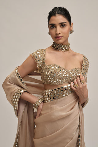 organza saree - Indian Wedding - Beige Modern Maharani Satin Mirror Blouse by Vvani by Vani Vats