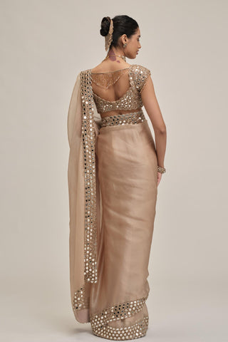 organza saree - Indian Wedding - Beige Modern Maharani Satin Mirror Blouse by Vvani by Vani Vats