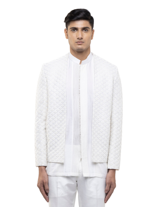 White hand embroidered open bandhgala set