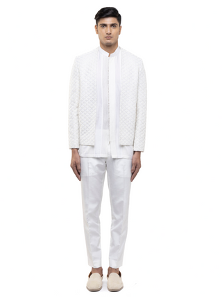 White hand embroidered open bandhgala set