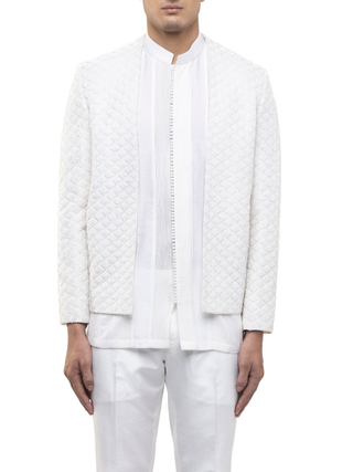 White hand embroidered open bandhgala set