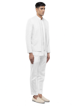 White hand embroidered open bandhgala set