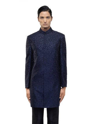 Navy Blue French Knot Embroidery Sherwani Set