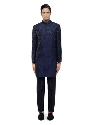 Navy Blue French Knot Embroidery Sherwani Set