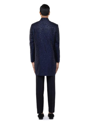 Navy Blue French Knot Embroidery Sherwani Set