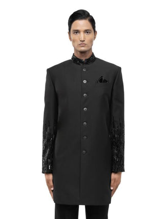 Green Wool Embroidered Sherwani Set
