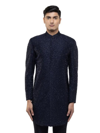 Navy Blue Abstract French Knot Achkan Set