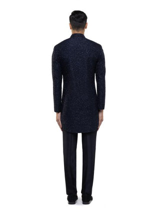 Navy Blue Abstract French Knot Achkan Set