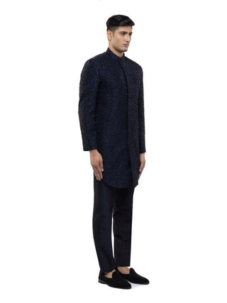 Navy Blue Abstract French Knot Achkan Set