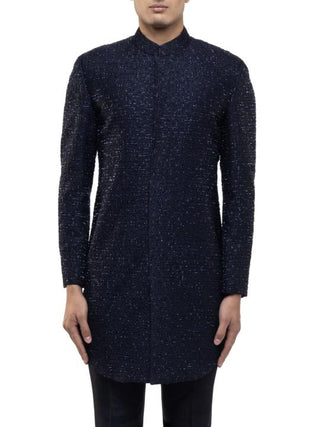 Navy Blue Abstract French Knot Achkan Set